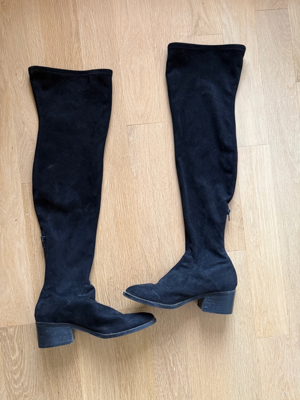 Zara Black Over-the-Knee Suede Boots with Low Block Heel